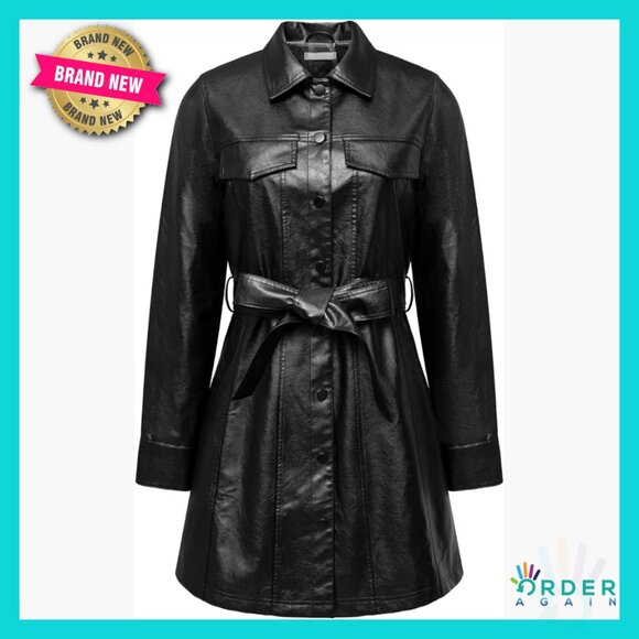 Mid-Length Faux Leather Trench Coat Motorcycle Biker Style With Belt